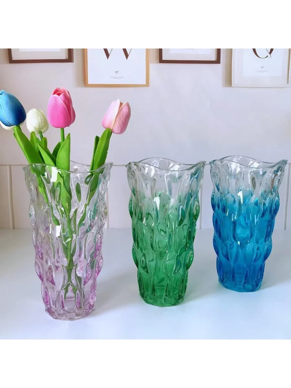 9.5 Inch Pink Sparkle Heavy Glass Flower Vase Bohemian Style Perfect Home Dec